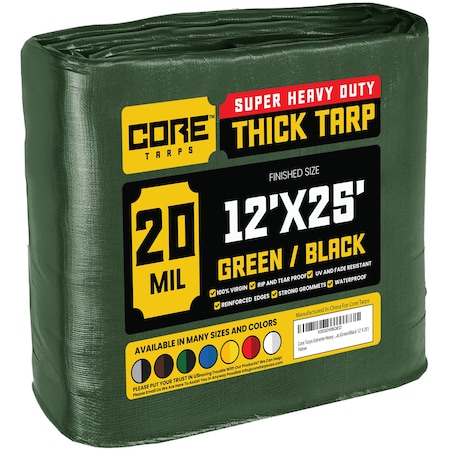 Core Tarps Heavy Duty Tarp, 25 ft L x 0.5 mm H x 12 ft W, 20 Mil, Green/Black, Polyethylene CT-703-12X25